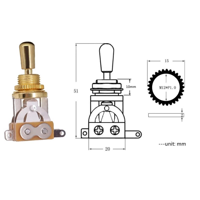 JD.Moon Electric Guitar 3 Way Toggle Switch Pickup Selector Switch with Brass Tip Knob (Gold) - Image 2